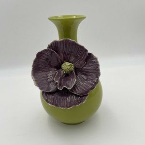 Rare Anthropologie Rose of Sharon Grand Purple Flower On Olive Green Vase 9”x6”
